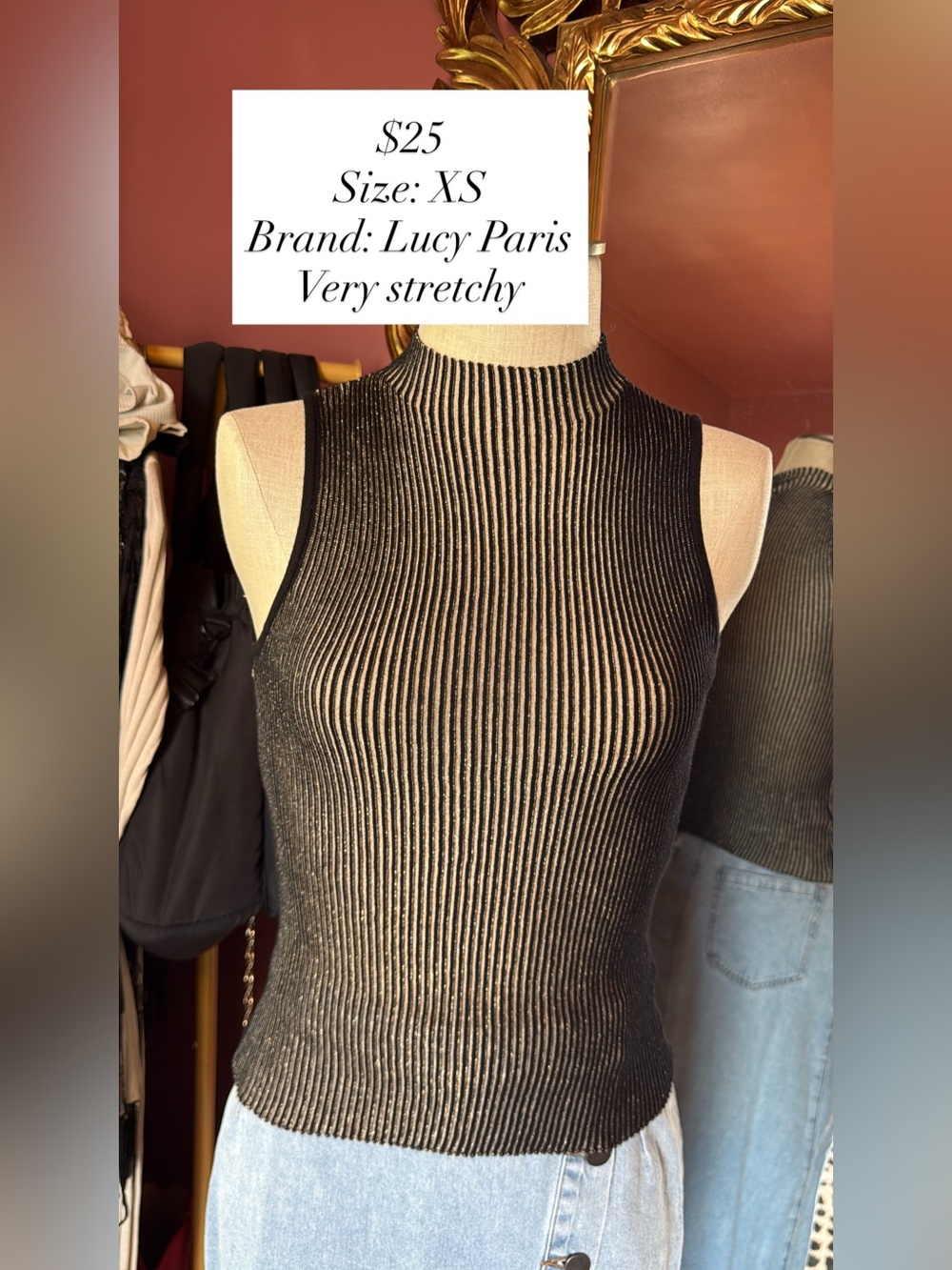 Lucy Paris Metallic Black Ribbed Mock Neck Tank